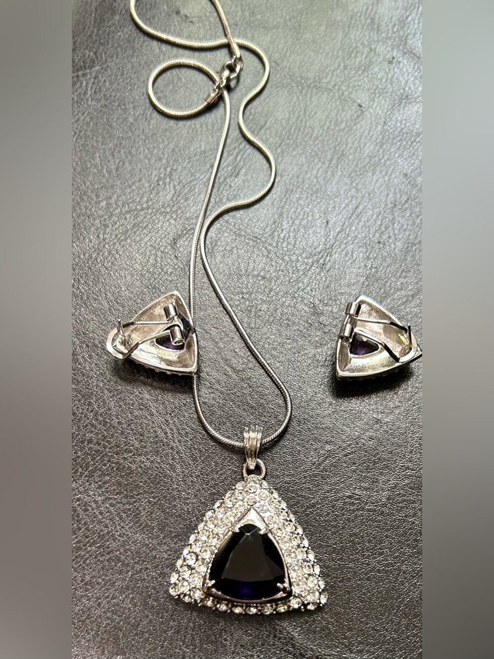 Silver-Tone Purple Triangle Pendant Necklace and Earring Set - Picture 3 of 4